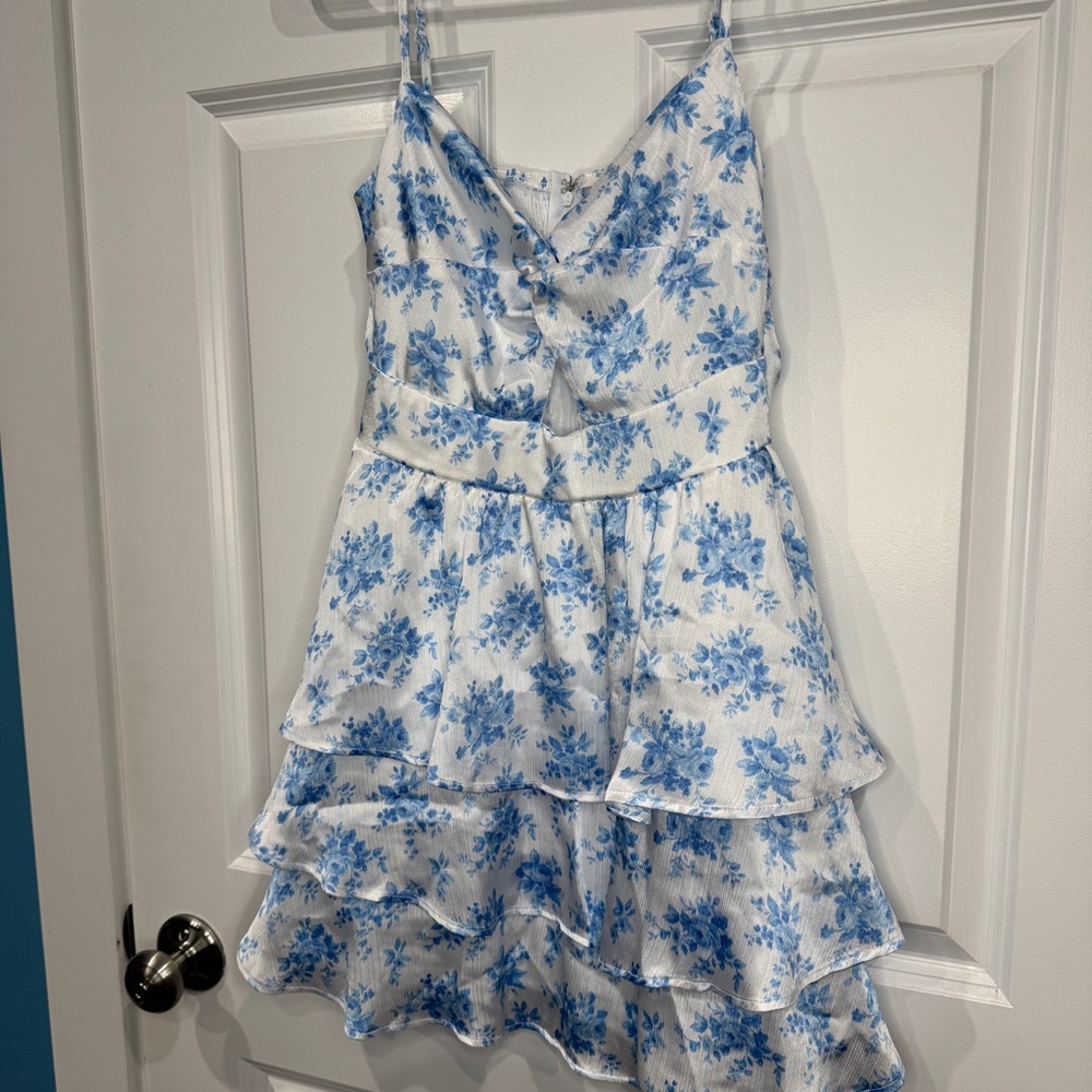 Altar'd State Blue Floral Tie-Front Tiered Mini Dress Size XS - Picture 3 of 7